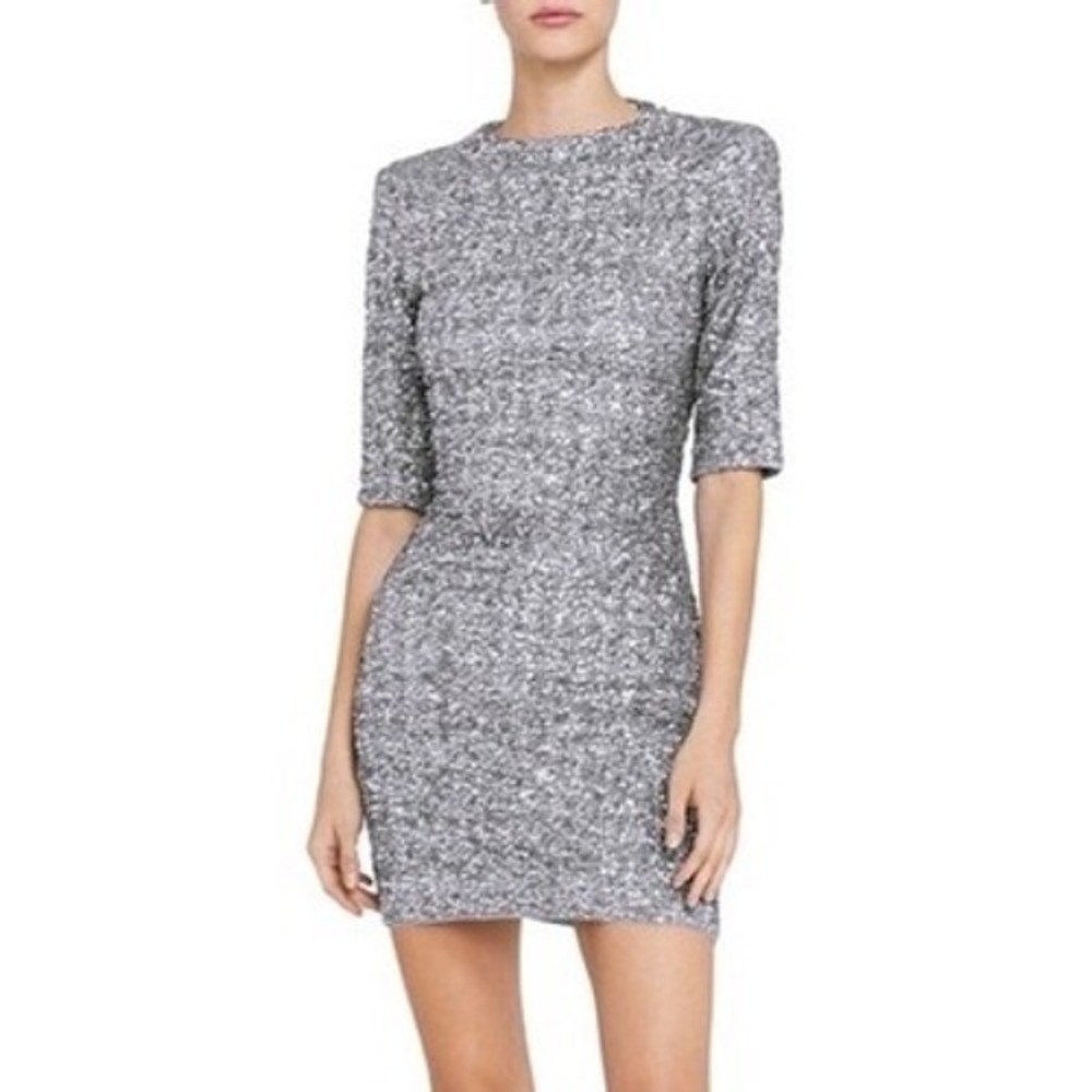Alice + Olivia Inka Silver Sequin Embellished Metallic Mini Cocktail Dress Sz S